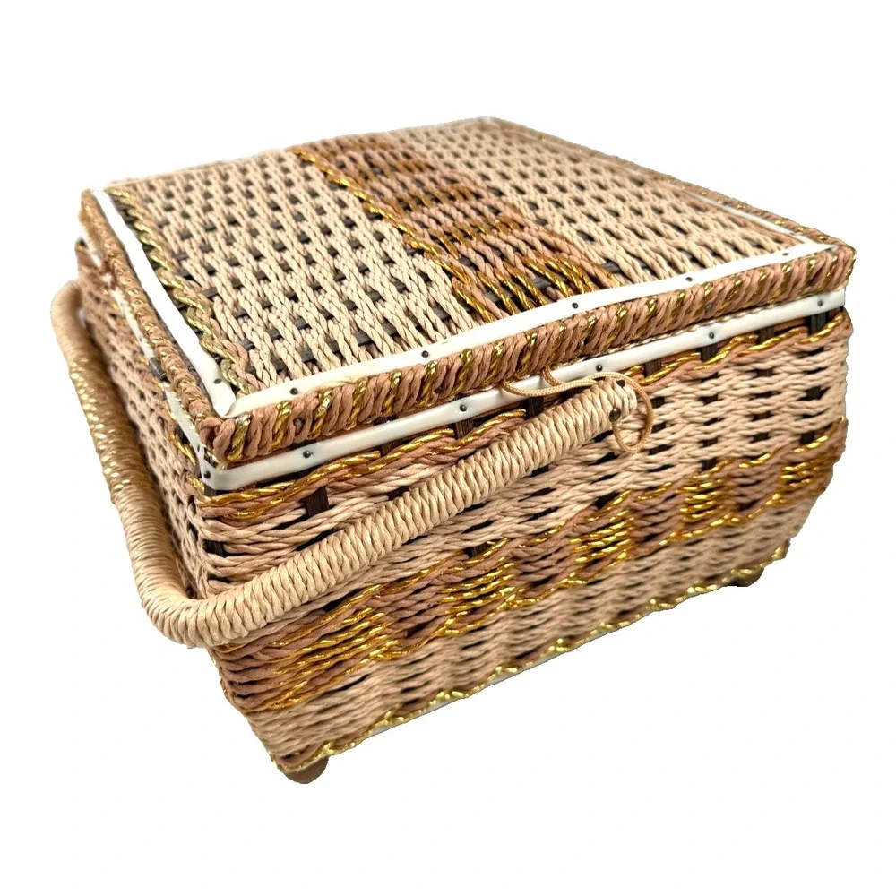 Vintage 1960's Woven Wicker Sewing Basket USB Japan 11.5